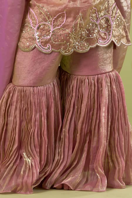 Vivedkids Pink Tissue Embroidery, Sequins Kairi Hand Work Kurta Sharara Set at Aza Fashions Vivedkids_Pink Tissue Embroidery, Sequins Kairi Hand Work Kurta Sharara Set _at_Aza_Fashions