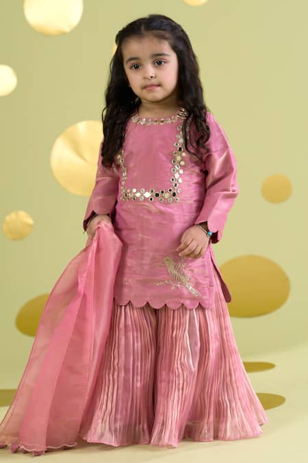 Vivedkids_Pink Tissue Mirrors, Embroidery, Tassels Bird Kurta Sharara Set _Online_at_Aza_Fashions