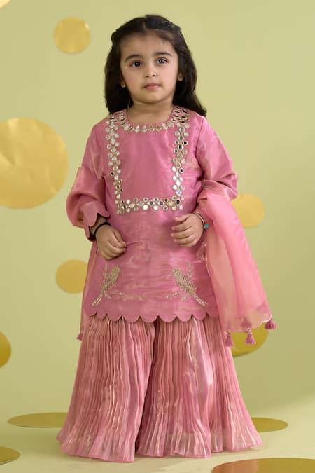 Buy_Vivedkids_Pink Tissue Mirrors, Embroidery, Tassels Bird Kurta Sharara Set _Online_at_Aza_Fashions