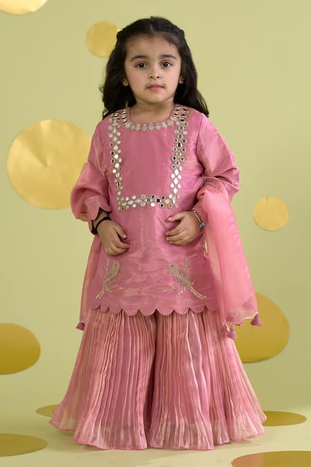 Shop_Vivedkids_Pink Tissue Mirrors, Embroidery, Tassels Bird Kurta Sharara Set _Online_at_Aza_Fashions