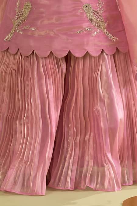 Vivedkids_Pink Tissue Mirrors, Embroidery, Tassels Bird Kurta Sharara Set _at_Aza_Fashions