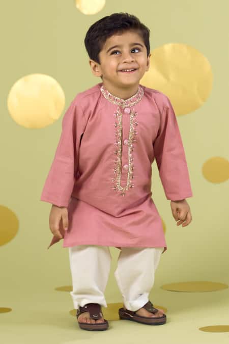 Vivedkids_Pink Cotton Embroidery, Beads, Metallic Handwork Neckline Kurta And Pant Set _Online_at_Aza_Fashions