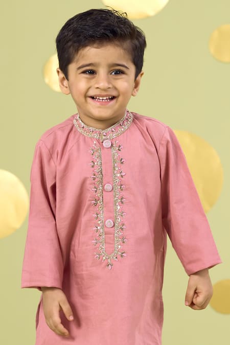 Buy_Vivedkids_Pink Cotton Embroidery, Beads, Metallic Handwork Neckline Kurta And Pant Set 