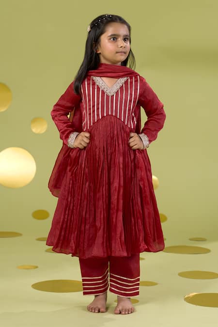 Shop_Vivedkids_Red Tissue Gota Patti Work Anarkali Set _Online_at_Aza_Fashions