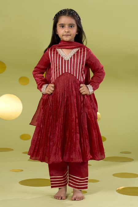 Vivedkids Red Tissue Gota Patti Work Anarkali Set 