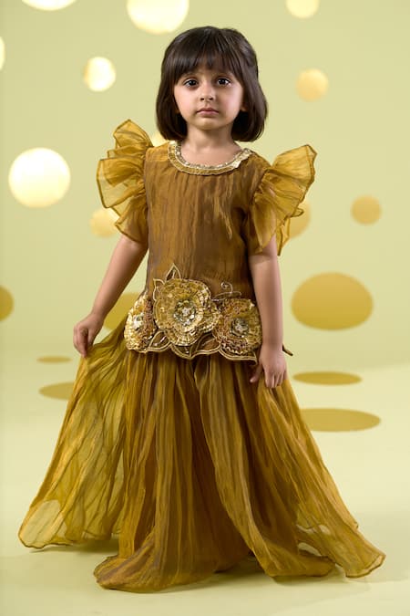 Vivedkids Yellow Tissue Gota Patti, Fabric Flowers, Lace Kurta And Sharara Set 