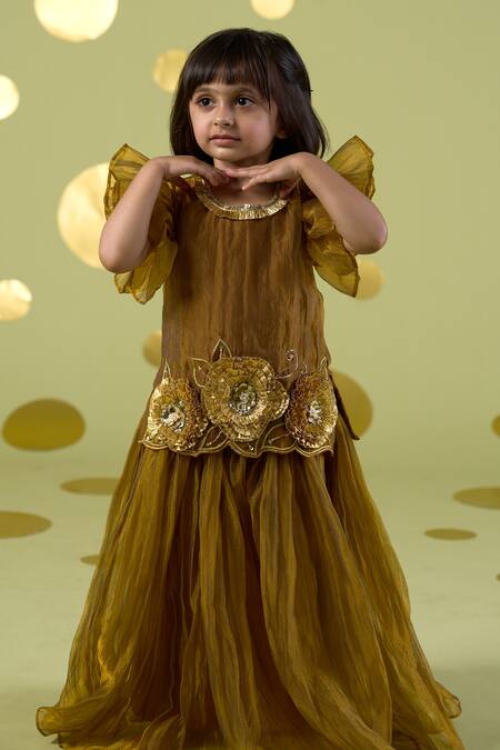 Vivedkids_Yellow Tissue Gota Patti, Fabric Flowers, Lace Kurta And Sharara Set _Online_at_Aza_Fashions
