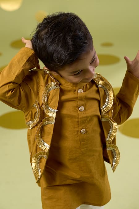 Vivedkids_Yellow Cotton Gota Patti Bundi Kurta Set _Online_at_Aza_Fashions