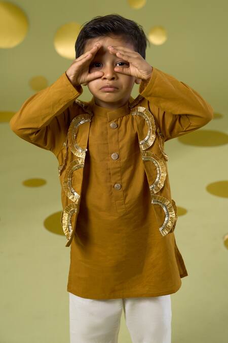 Buy_Vivedkids_Yellow Cotton Gota Patti Bundi Kurta Set _Online_at_Aza_Fashions