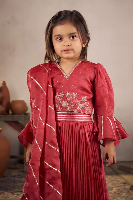Vivedkids_Red Tissue Embroidery, Gota Patti Cherry Pleated Lehenga Set _Online_at_Aza_Fashions