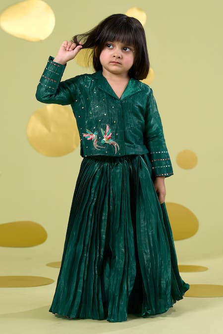 Vivedkids_Green Tissue Embroidery, Sequins Bird Shirt And Skirt Set _Online_at_Aza_Fashions