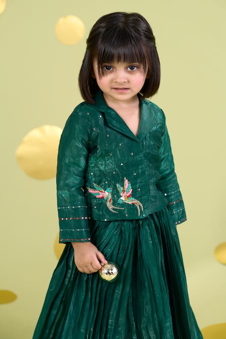 Buy_Vivedkids_Green Tissue Embroidery, Sequins Bird Shirt And Skirt Set _Online_at_Aza_Fashions