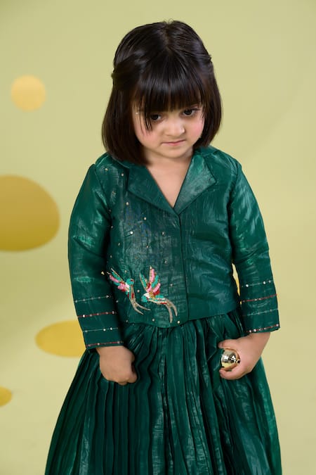 Shop_Vivedkids_Green Tissue Embroidery, Sequins Bird Shirt And Skirt Set _Online_at_Aza_Fashions