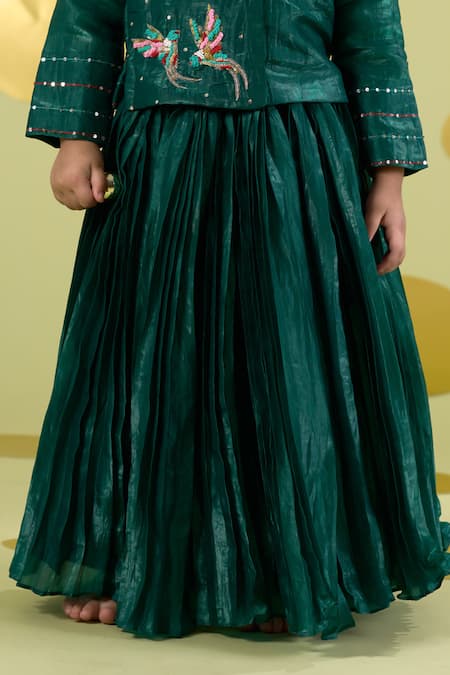 Vivedkids_Green Tissue Embroidery, Sequins Bird Shirt And Skirt Set _at_Aza_Fashions