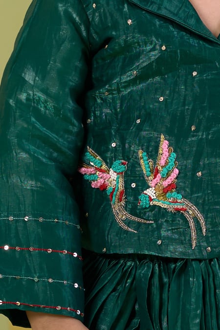Shop_Vivedkids_Green Tissue Embroidery, Sequins Bird Shirt And Skirt Set 
