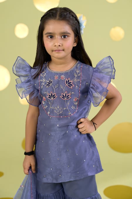 Vivedkids_Blue Tissue Applique, Embroidery Lotus Kurta Sharara Set _Online_at_Aza_Fashions
