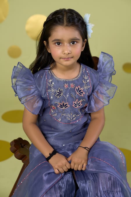 Buy_Vivedkids_Blue Tissue Applique, Embroidery Lotus Kurta Sharara Set _Online_at_Aza_Fashions