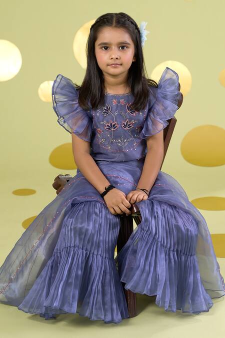 Shop_Vivedkids_Blue Tissue Applique, Embroidery Lotus Kurta Sharara Set _Online_at_Aza_Fashions