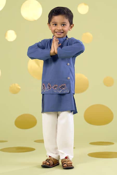 Vivedkids_Blue Cotton Applique, Embroidery Lotus Bundi And Kurta Set _Online_at_Aza_Fashions