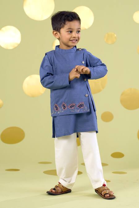 Vivedkids Blue Cotton Applique, Embroidery Lotus Bundi And Kurta Set 