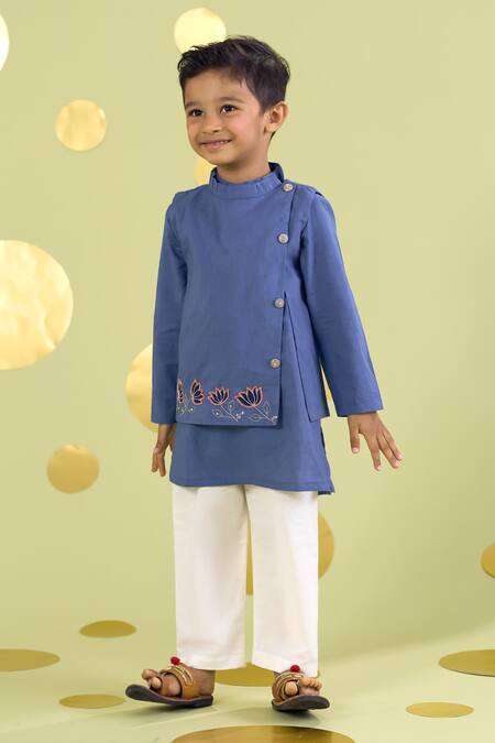 Buy_Vivedkids_Blue Cotton Applique, Embroidery Lotus Bundi And Kurta Set _Online_at_Aza_Fashions