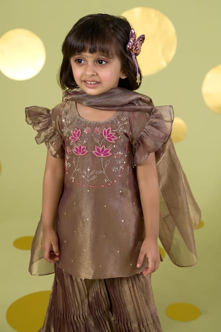 Vivedkids_Gold Tissue Embroidery, Sequins Lotus Kurta Sharara Set _Online_at_Aza_Fashions