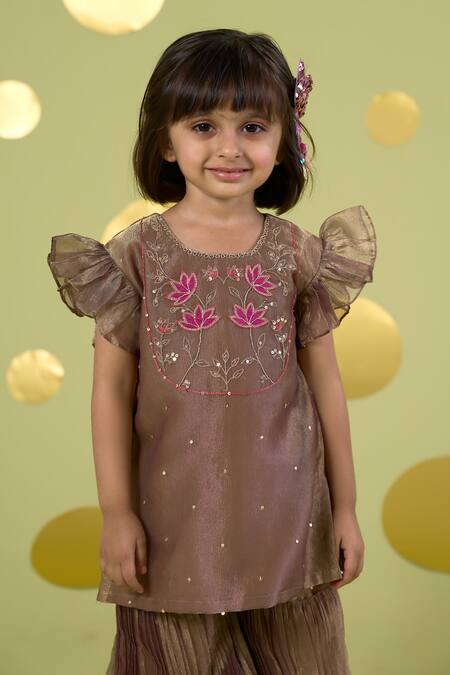 Buy_Vivedkids_Gold Tissue Embroidery, Sequins Lotus Kurta Sharara Set _Online_at_Aza_Fashions