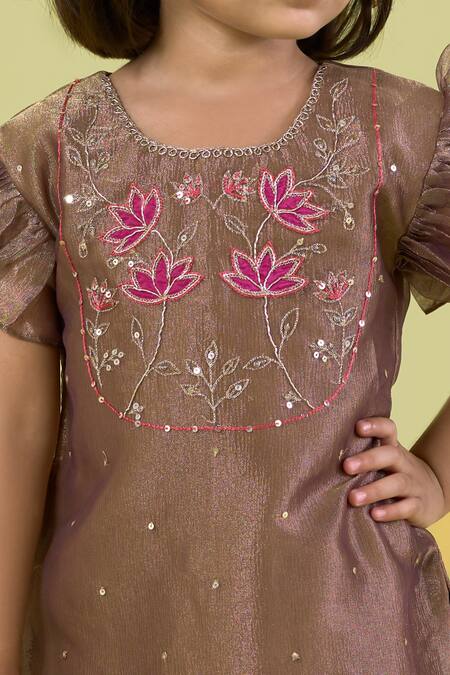 Shop_Vivedkids_Gold Tissue Embroidery, Sequins Lotus Kurta Sharara Set _Online_at_Aza_Fashions