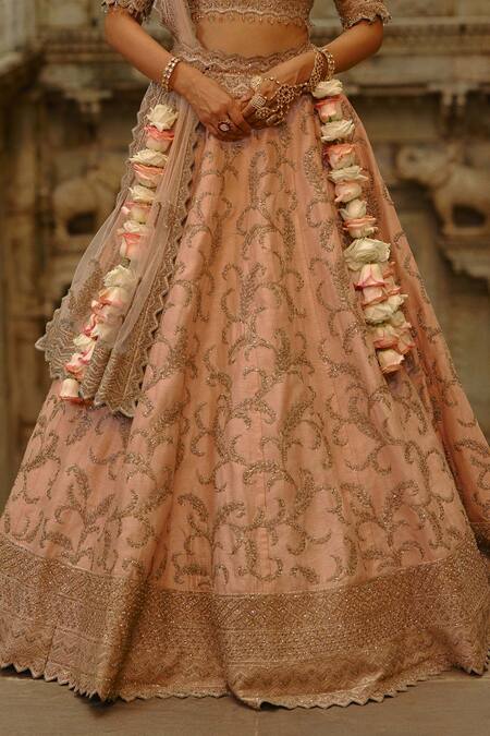 Buy_Nitika Gujral_Peach Silk, Net Embroidery, Sequins, Beads V-neck Raw Bridal Lehenga Set _Online_at_Aza_Fashions