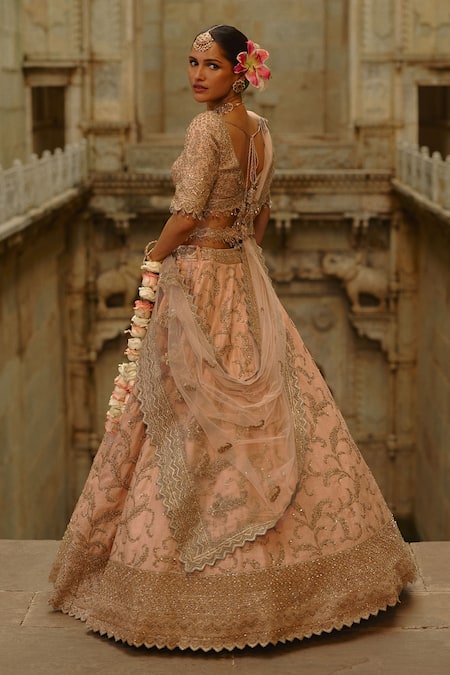 Shop_Nitika Gujral_Peach Silk, Net Embroidery, Sequins, Beads V-neck Raw Bridal Lehenga Set _Online_at_Aza_Fashions