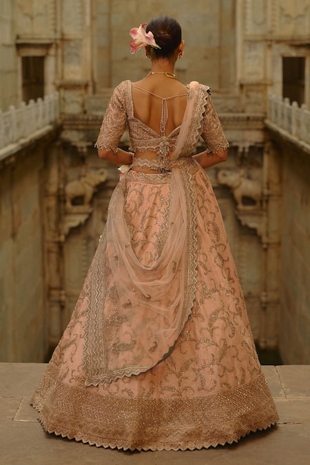 Nitika Gujral Peach Raw Silk Bridal Lehenga Set 