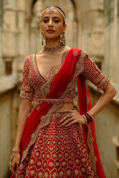 Buy Nitika Gujral Red Silk, Net Embroidery, Crystals, Beads, Zari, Hexagon Raw Bridal Lehenga Set Online at Aza Fashions Buy_Nitika Gujral_Red Silk, Net Embroidery, Crystals, Beads, Zari, Hexagon Raw Bridal Lehenga Set _Online_at_Aza_Fashions