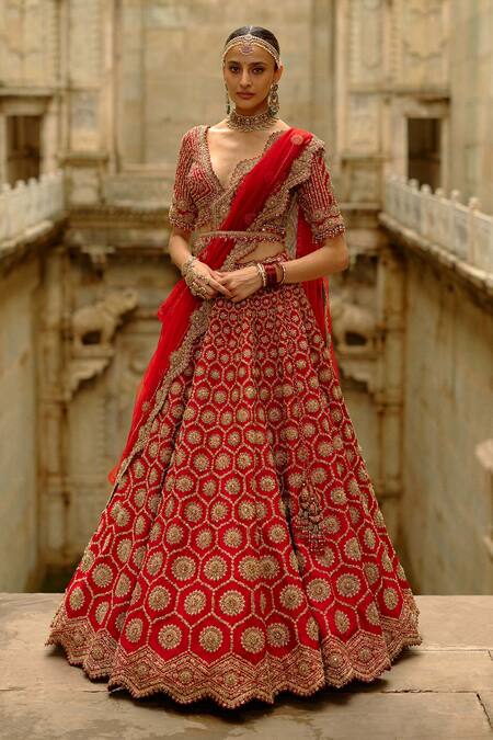 Shop Nitika Gujral Red Silk, Net Embroidery, Crystals, Beads, Zari, Hexagon Raw Bridal Lehenga Set Online at Aza Fashions Shop_Nitika Gujral_Red Silk, Net Embroidery, Crystals, Beads, Zari, Hexagon Raw Bridal Lehenga Set _Online_at_Aza_Fashions