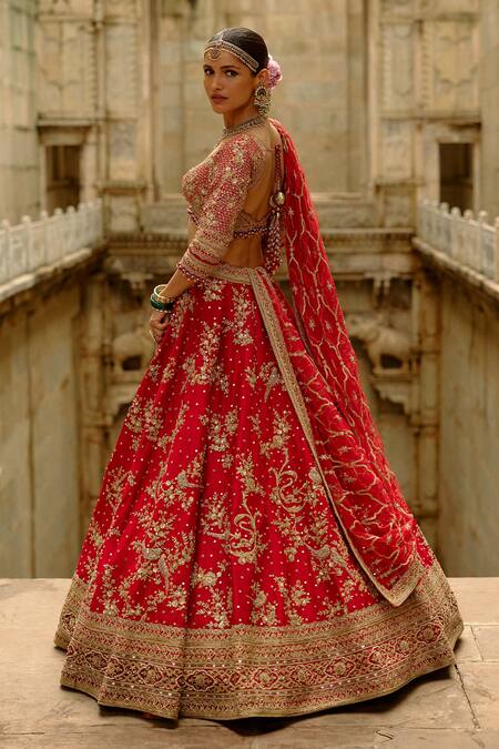 Buy Nitika Gujral Red Silk, Net Beads, Zari, Sequins, Raw Multi-bead Work Bridal Lehenga Set Online at Aza Fashions Buy_Nitika Gujral_Red Silk, Net Beads, Zari, Sequins, Raw Multi-bead Work Bridal Lehenga Set _Online_at_Aza_Fashions