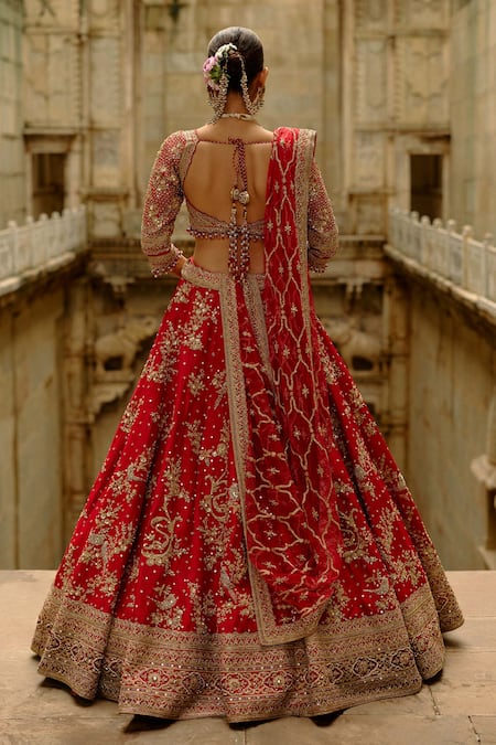 Nitika Gujral Red Raw Silk Multi-Bead Work Bridal Lehenga Set 