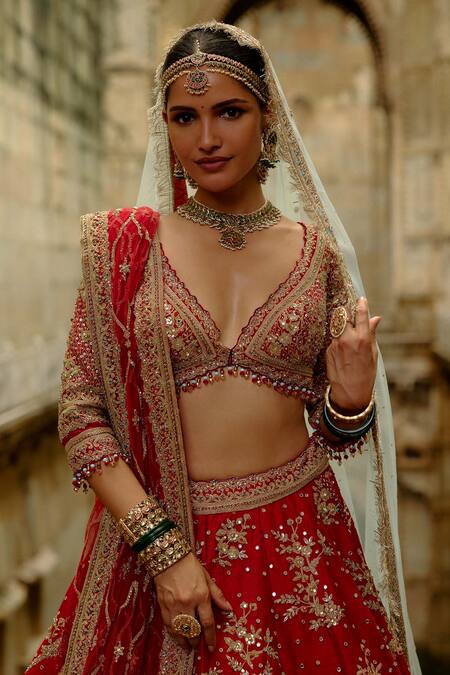 Shop Nitika Gujral Red Silk, Net Beads, Zari, Sequins, Stones, Embroidery Raw Bridal Lehenga Set Online at Aza Fashions Shop_Nitika Gujral_Red Silk, Net Beads, Zari, Sequins, Stones, Embroidery Raw Bridal Lehenga Set _Online_at_Aza_Fashions