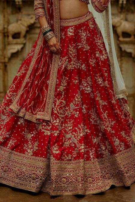 Buy Nitika Gujral Red Silk, Net Beads, Zari, Sequins, Stones, Embroidery Raw Bridal Lehenga Set Buy_Nitika Gujral_Red Silk, Net Beads, Zari, Sequins, Stones, Embroidery Raw Bridal Lehenga Set