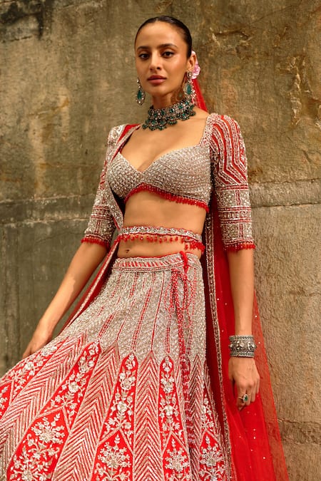 Shop Nitika Gujral Red Net Embroidery, Sequins, Crystals, Pearls, Stones, Hand Bridal Lehenga Set Online at Aza Fashions Shop_Nitika Gujral_Red Net Embroidery, Sequins, Crystals, Pearls, Stones, Hand Bridal Lehenga Set _Online_at_Aza_Fashions