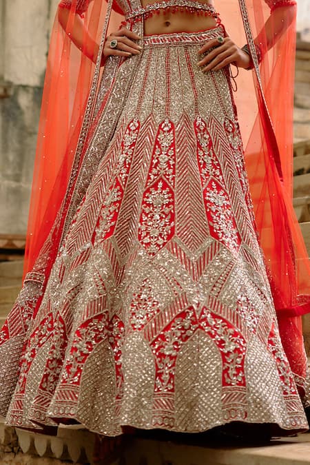 Nitika Gujral Red Net Embroidery, Sequins, Crystals, Pearls, Stones, Hand Bridal Lehenga Set at Aza Fashions Nitika Gujral_Red Net Embroidery, Sequins, Crystals, Pearls, Stones, Hand Bridal Lehenga Set _at_Aza_Fashions
