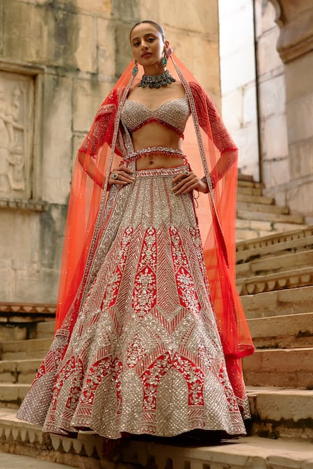 Nitika Gujral Red Net Embroidery, Sequins, Crystals, Pearls, Stones, Hand Bridal Lehenga Set 