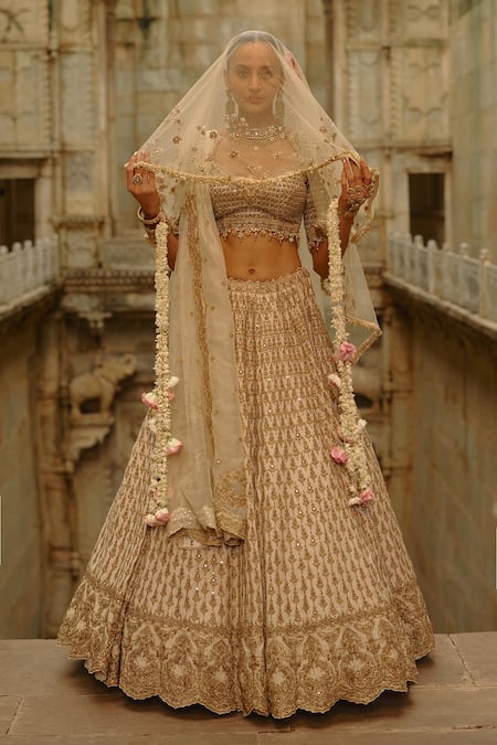 Nitika Gujral Cream Silk, Organza Embroidery, Mirrors, Zari, Pearls, Hand Bridal Lehenga Set 