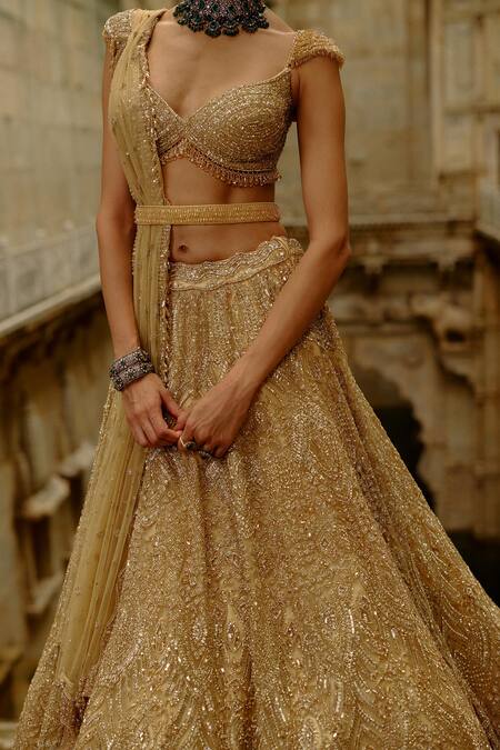Nitika Gujral Gold Net Crystals, Beads, Sequins, Embroidery Sweetheart Neck Bridal Lehenga Set at Aza Fashions Nitika Gujral_Gold Net Crystals, Beads, Sequins, Embroidery Sweetheart Neck Bridal Lehenga Set _at_Aza_Fashions