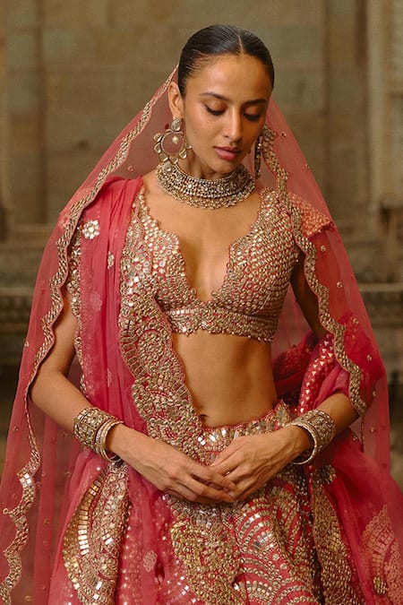 Nitika Gujral_Rust Taffeta, Organza Mirrors, Zari, Pearls, Embroidery Bridal Lehenga Set _Online_at_Aza_Fashions