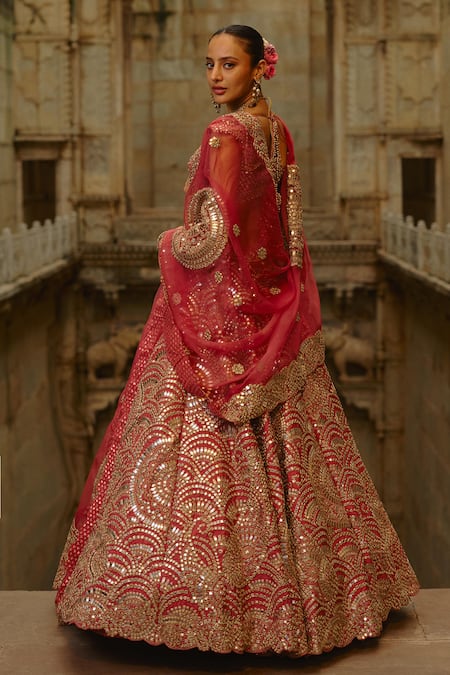 Buy_Nitika Gujral_Rust Taffeta, Organza Mirrors, Zari, Pearls, Embroidery Bridal Lehenga Set _Online_at_Aza_Fashions