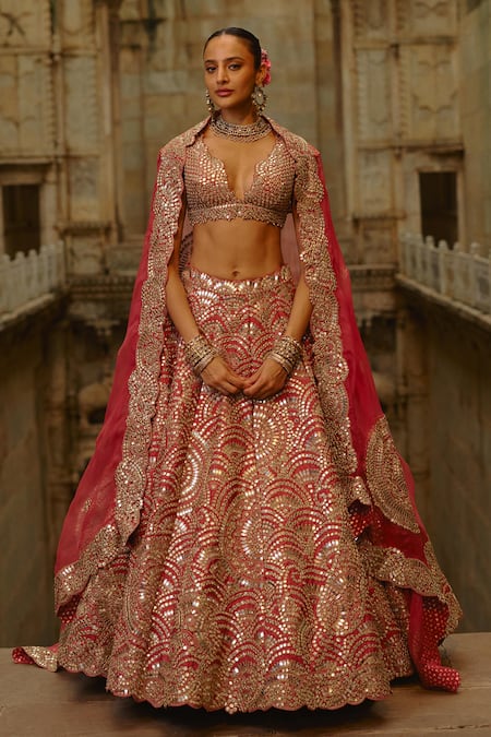 Shop_Nitika Gujral_Rust Taffeta, Organza Mirrors, Zari, Pearls, Embroidery Bridal Lehenga Set _Online_at_Aza_Fashions