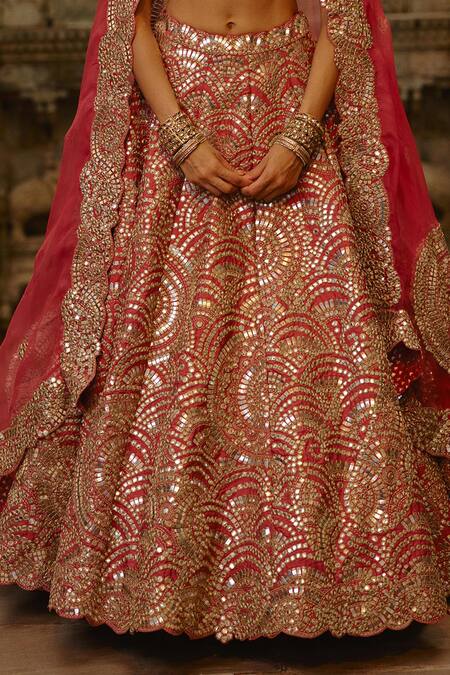 Nitika Gujral_Rust Taffeta, Organza Mirrors, Zari, Pearls, Embroidery Bridal Lehenga Set _at_Aza_Fashions