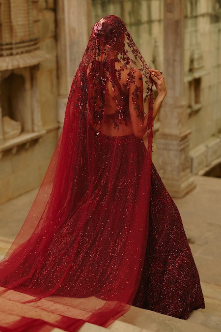 Nitika Gujral Burgundy Embellished Lehenga Set 