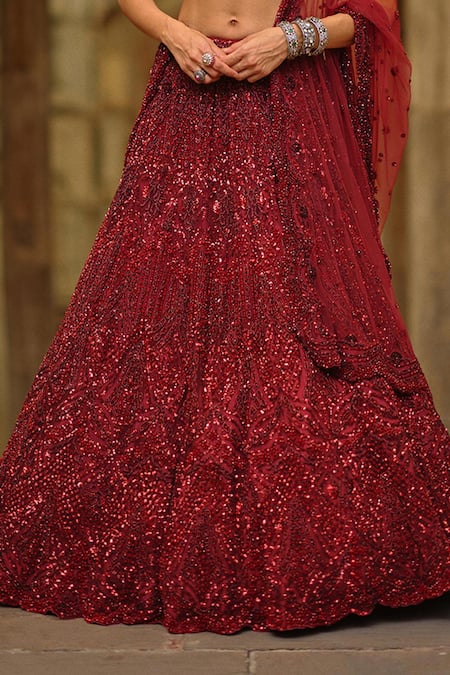Shop_Nitika Gujral_Burgundy Net Beads, Sequins, Cut Work, Embroidery Halter Embellished Lehenga Set _Online_at_Aza_Fashions