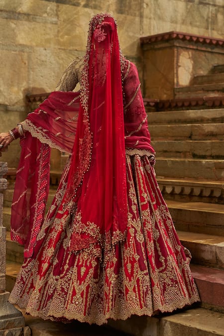 Nitika Gujral Red Maroon Raw Silk Bridal Lehenga Set 
