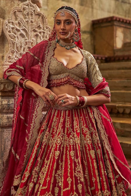 Shop_Nitika Gujral_Red Silk, Organza Zari, Embroidery, Stones, Beads Maroon Raw Bridal Lehenga Set _Online_at_Aza_Fashions